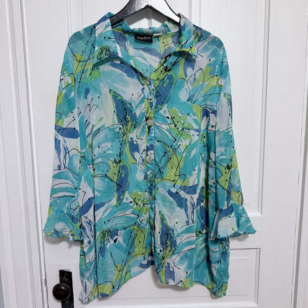 Blue Green Abstract Print Button-Down Sheer Blouse Plus Size 3X